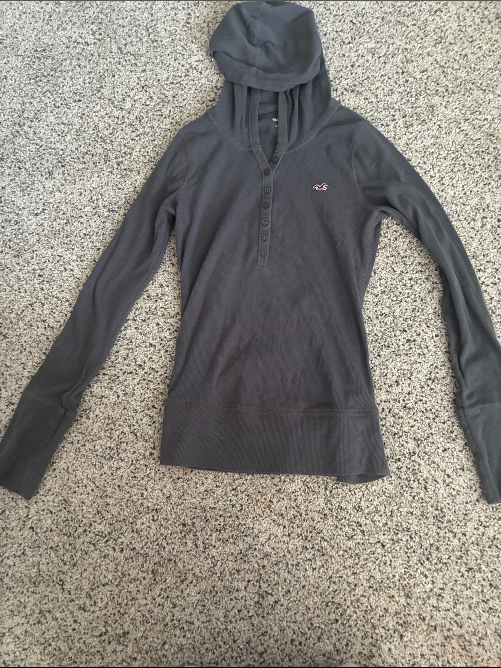 Hollister Women's Dark Charcoal Hooded Henley Sweater